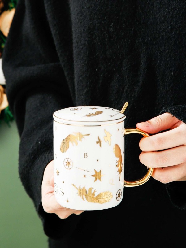 1pc Feather Print Mug & 1pc Lid & 1pc Spoon