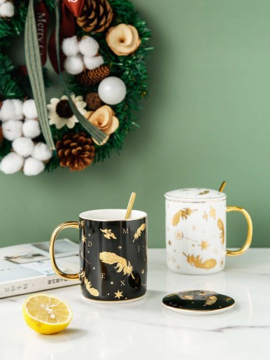 1pc Feather Print Mug & 1pc Lid & 1pc Spoon