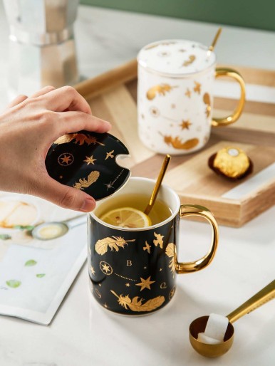 1pc Feather Print Mug & 1pc Lid & 1pc Spoon