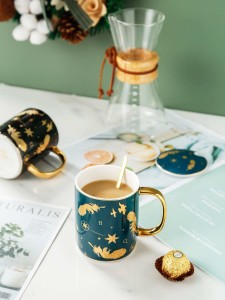 1pc Feather Print Mug & 1pc Lid & 1pc Spoon