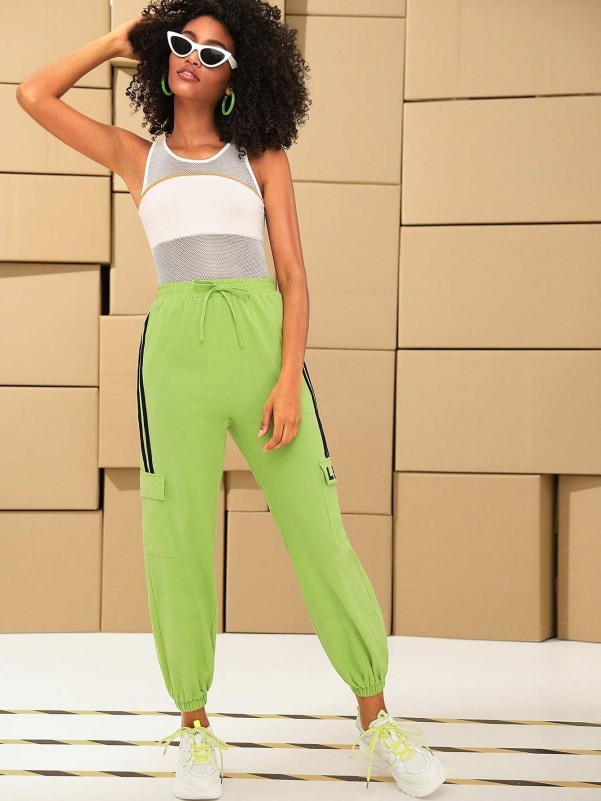Neon Lime Striped Side Flap Pocket Tapered Pants