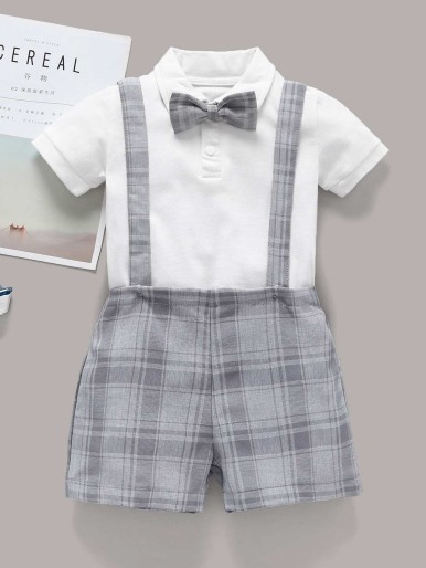 Baby Bow Front Romper With Plaid Straps Shorts