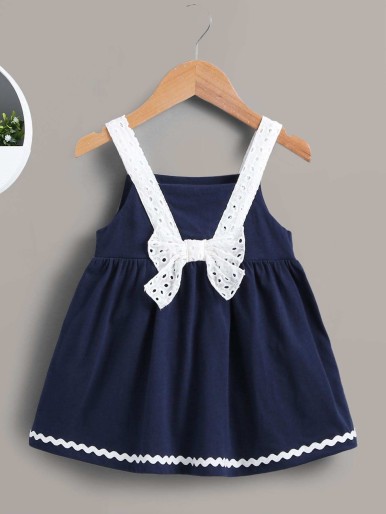 Baby Contrast Straps Eyelet Embroidery Babydoll Dress