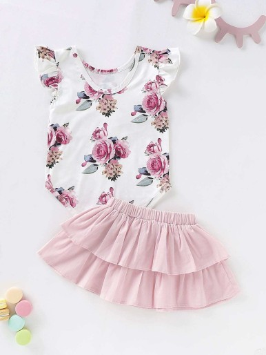 Baby Allover Floral Print Popper Romper With Layered Skirt