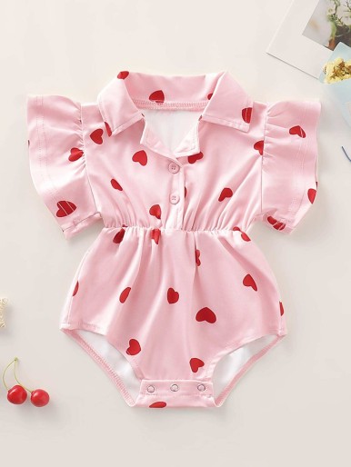 Baby Girl Allover Heart Print Notch Collar Gathered Waist Romper