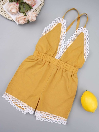 Baby Girl Contrast Lace Criss-cross Back Romper
