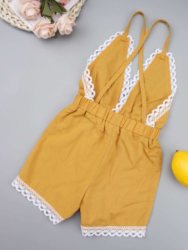Baby Girl Contrast Lace Criss-cross Back Romper