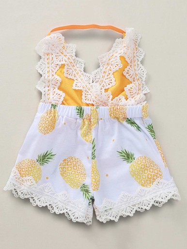 Baby Girl Contrast Lace Pineapple Print Romper