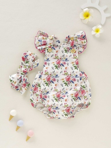 Baby Girl Floral Print Ruffle Bodysuit & Headband