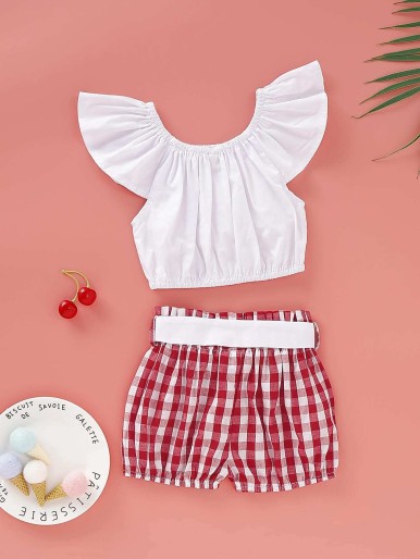 Baby Girl Flutter Sleeve Top With Gingham Belted Shorts