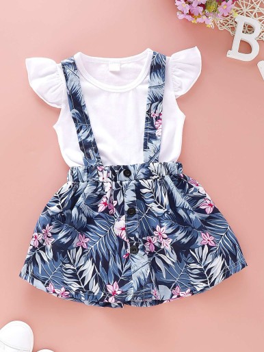 Baby Girl Solid Top With Floral Print Button Skirt