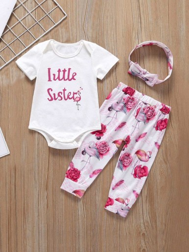 Baby Letter Print Romper And Floral Print Pants With Headband
