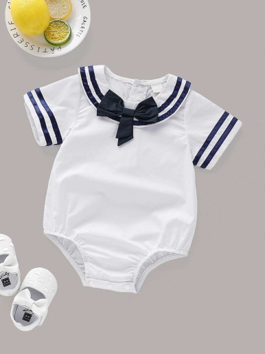 Baby Sailor Collar Button Back Bow Romper