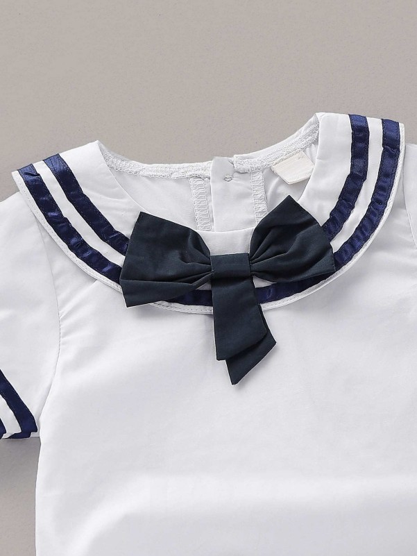 Baby Sailor Collar Button Back Bow Romper