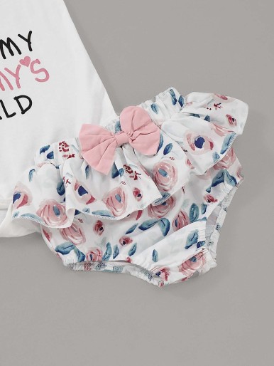 Baby Slogan Graphic Bodysuit & Floral Ruffle Shorts & Headband