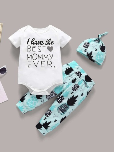 Baby Slogan Print Romper & Geometric Print Pants & Hat