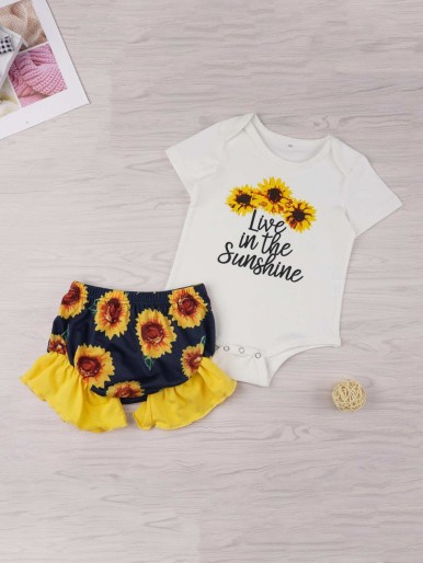 Baby Sunflower & Slogan Print Romper With Ruffle Shorts