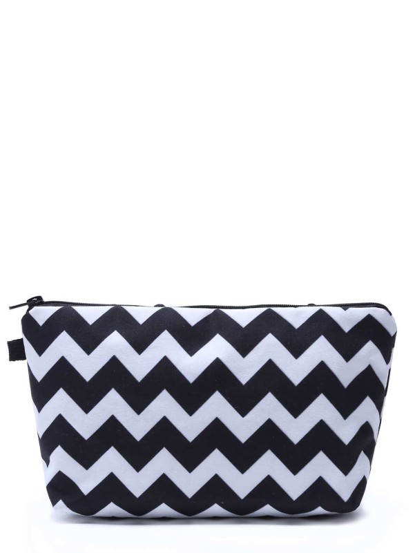 Black And White Geometric Line Print Cosmetic Makeup Bag