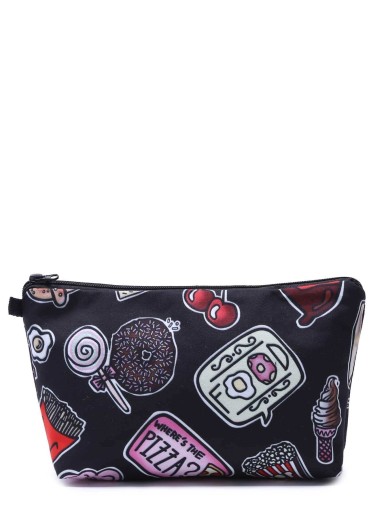 Black Cartoon Print Portable Cosmetic Makeup Bag