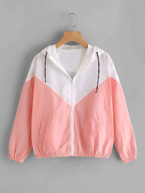 Color block drawstring sales hooded zip up jacket