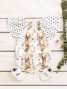 Baby Polka Dot Ruffle Sleeve Rabbit Print Romper