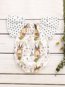 Baby Polka Dot Ruffle Sleeve Rabbit Print Romper