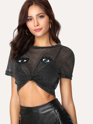 Embroidered Applique Detail Glitter Mesh Top
