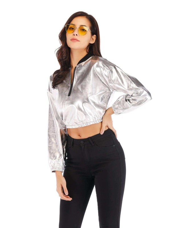 Metallic Quarter Zip Crop Sweatshirt