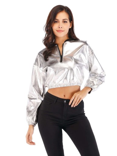 Metallic Quarter Zip Crop Sweatshirt