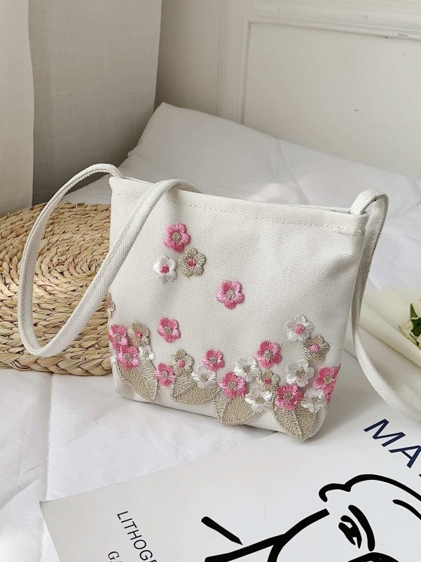 Girls Floral Embroidered Canvas Bag