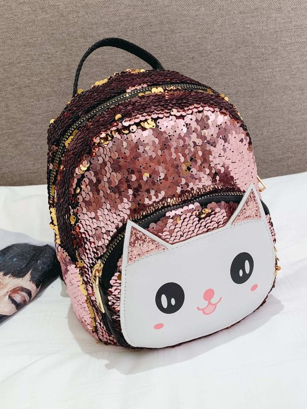 Kids Cat Print Sequins Decor Backpack
