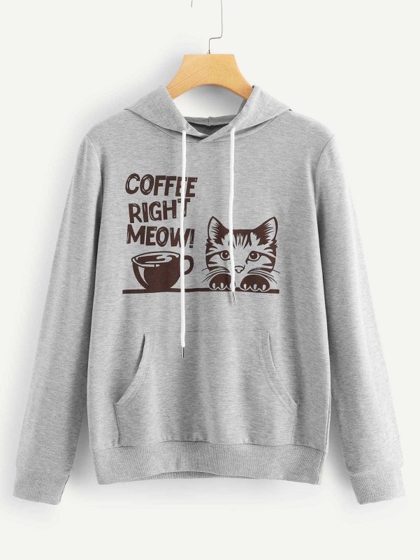 Cat & Letter Print Kangaroo Pocket Hoodie