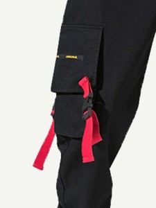Men Pocket Decorated Ribbon Drawstring Cargo Pants
