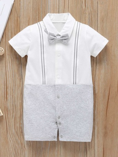 Baby Boy Striped Tape Bow Popper Front Jumpsuit