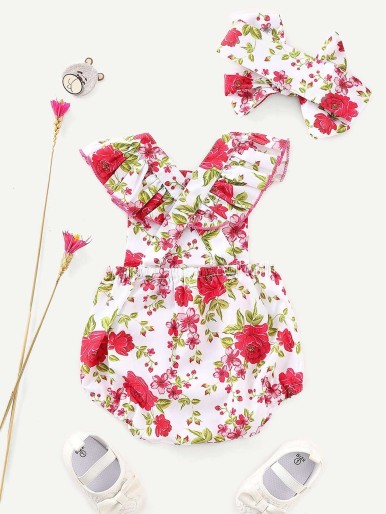 Baby Floral Print Ruffle Straps Jumpsuit With Headband