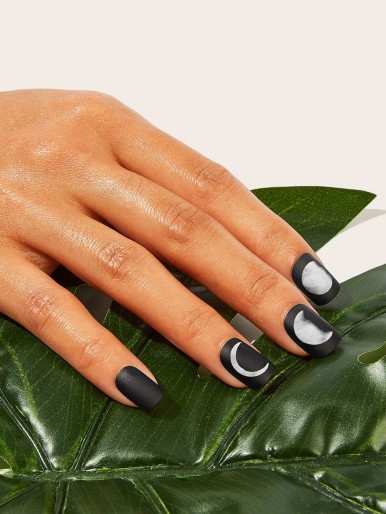Moon Pattern Fake Nail With Double Side Tape 25pack