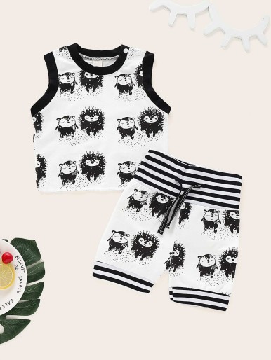 Baby Contrast Binding Hedgehog Print Tank Top With Shorts