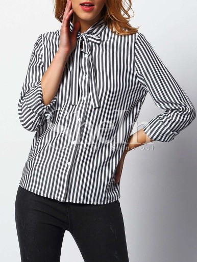 Women Black White Vertical Striped Shirt