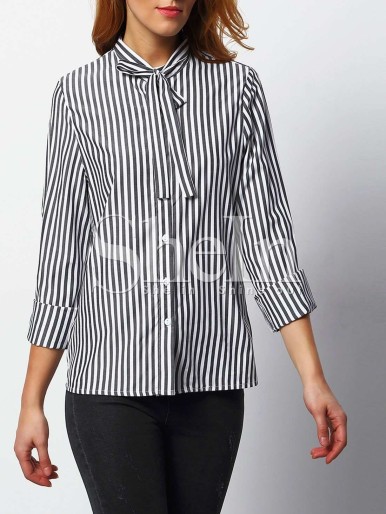 Women Black White Vertical Striped Shirt