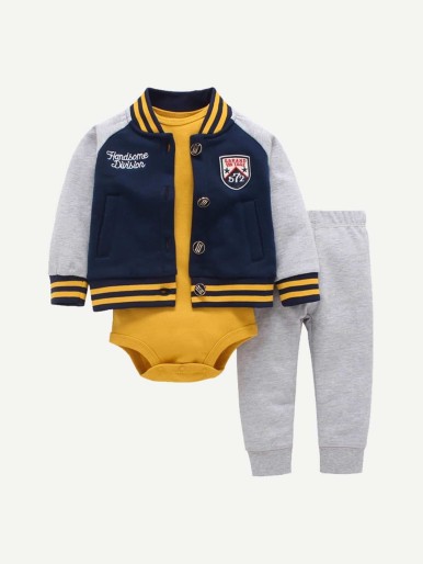 Baby Button Jumpsuit & Letter Embroidery Jacket & Pants