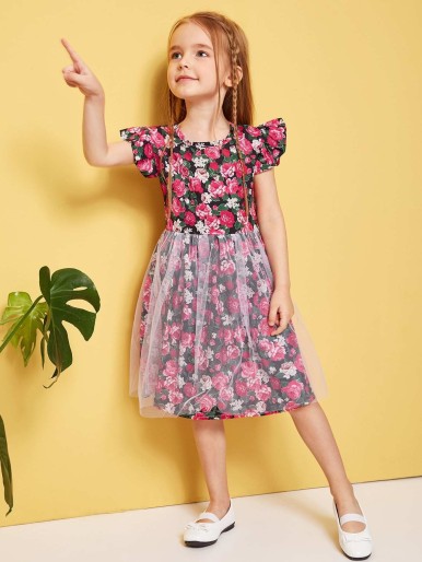 Baby Contrast Mesh Floral Print Dress