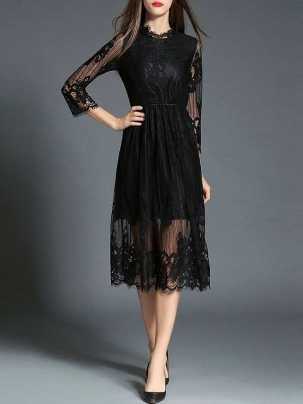 Black Sheer Gauze Embroidered Lace Dress