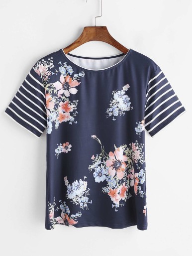 Flower Print Striped Sleeve T-shirt