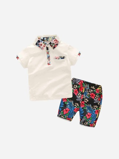 Boys Floral Print Polo Shirt With Shorts