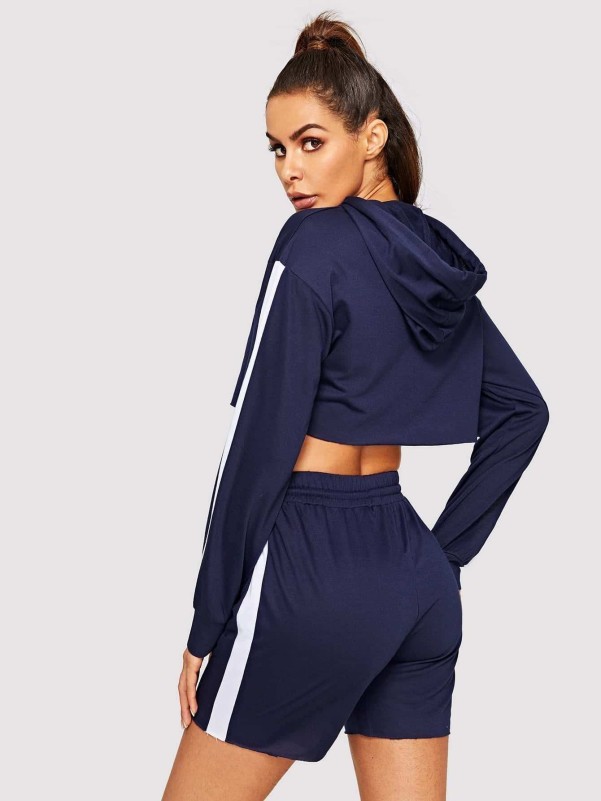 Contrast Side Seam Crop Hoodie & Sweat Shorts Set