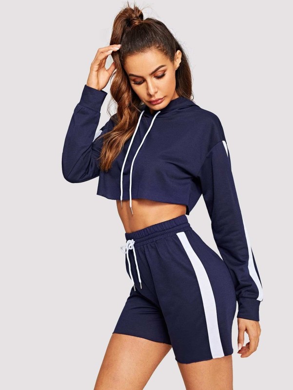 Contrast Side Seam Crop Hoodie & Sweat Shorts Set