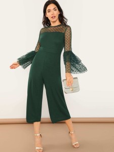 Dot Mesh Shoulder Layered Bell Sleeve Jumpsuit