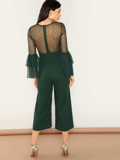 Dot Mesh Shoulder Layered Bell Sleeve Jumpsuit