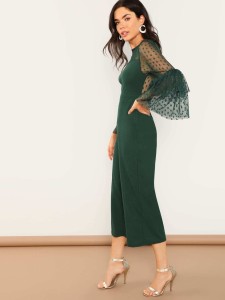 Dot Mesh Shoulder Layered Bell Sleeve Jumpsuit