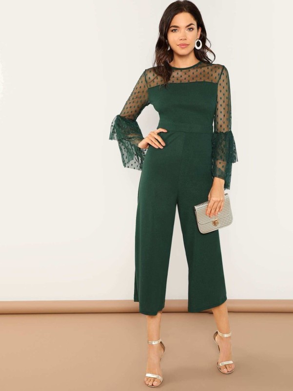 Dot Mesh Shoulder Layered Bell Sleeve Jumpsuit